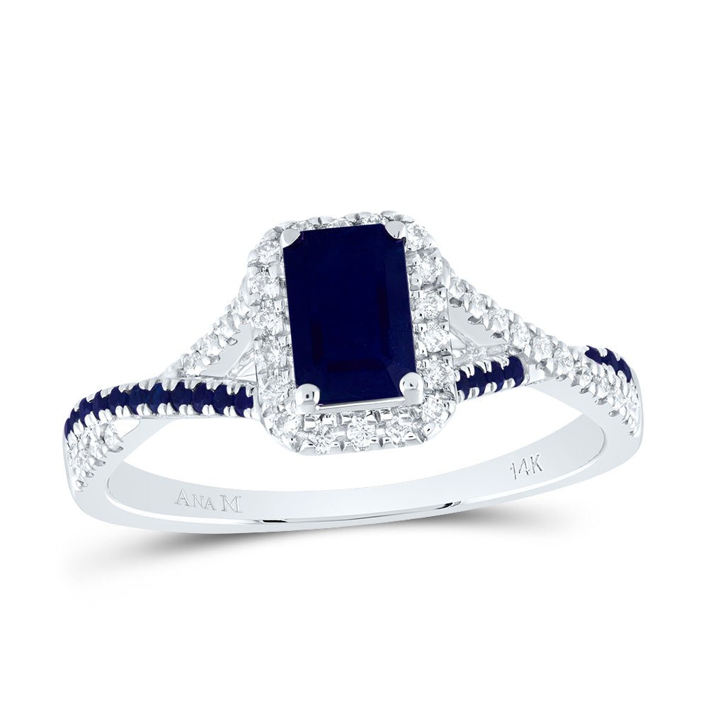 14K White Gold Diamond Blue Sapphire Emerald Blue Sapphire Gemstone Single Halo Bridal Ring 1/6 Cttw - Splendid Jewellery
