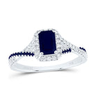 14K White Gold Diamond Blue Sapphire Emerald Blue Sapphire Gemstone Single Halo Bridal Ring 1/6 Cttw - Splendid Jewellery