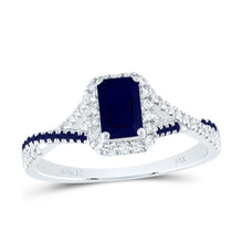 Load image into Gallery viewer, 14K White Gold Diamond Blue Sapphire Emerald Blue Sapphire Gemstone Single Halo Bridal Ring 1/6 Cttw - Splendid Jewellery