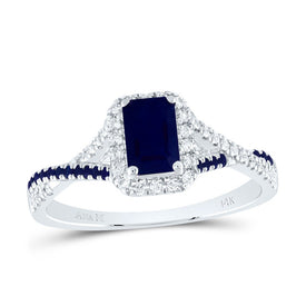 14K White Gold Diamond Blue Sapphire Emerald Blue Sapphire Gemstone Single Halo Bridal Ring 1/6 Cttw - Splendid Jewellery
