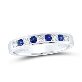 14K White Gold Diamond Blue Sapphire Gemstone Band 1/5 Cttw - Splendid Jewellery