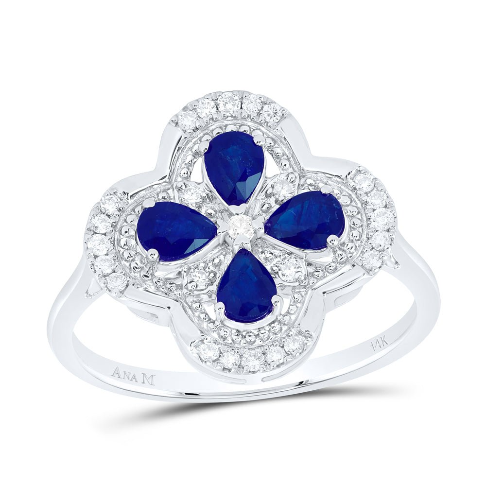 14K White Gold Diamond Blue Sapphire Gemstone Clover Ring 1/6 Cttw - Splendid Jewellery
