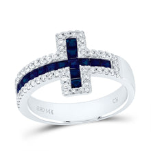 Load image into Gallery viewer, 14K White Gold Diamond Blue Sapphire Gemstone Cross Ring 1/3 Cttw - Splendid Jewellery