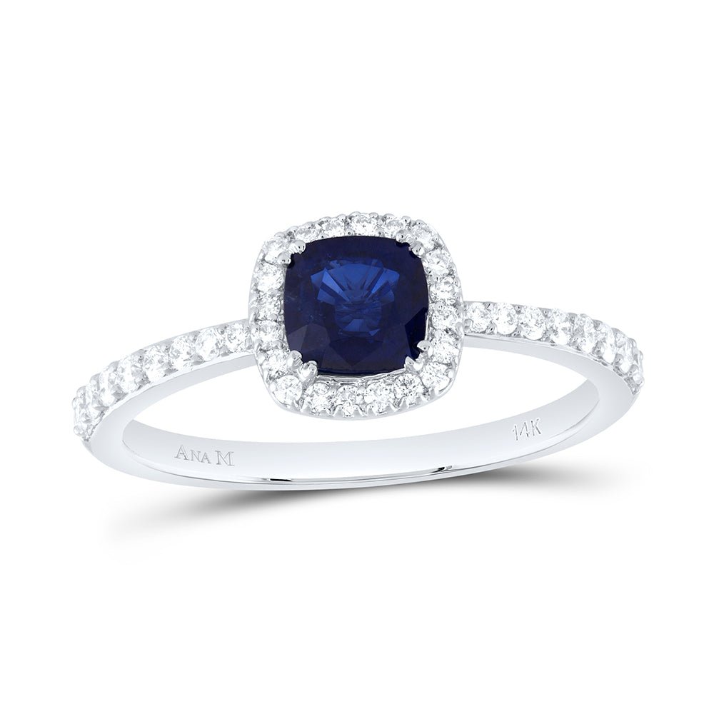 14K White Gold Diamond Blue Sapphire Gemstone Cushion Ring 1/4 Cttw - Splendid Jewellery