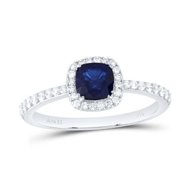 14K White Gold Diamond Blue Sapphire Gemstone Cushion Ring 1/4 Cttw - Splendid Jewellery