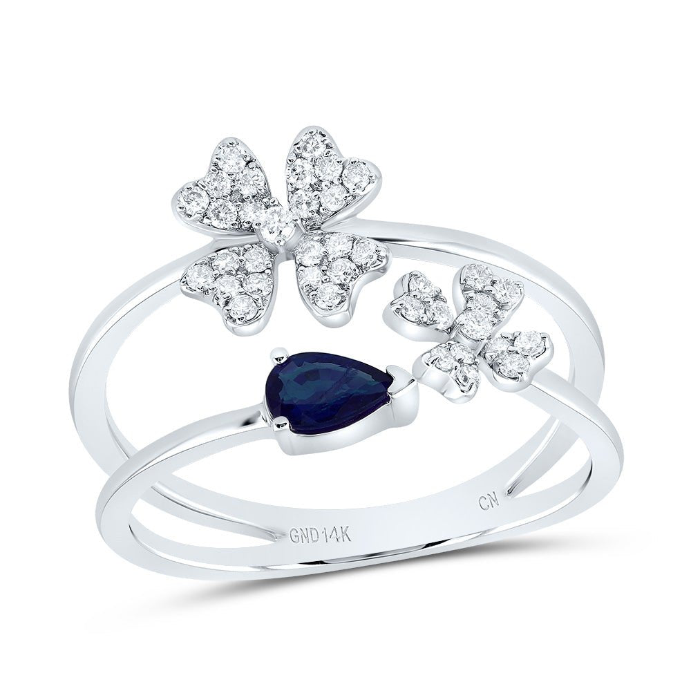 14K White Gold Diamond Blue Sapphire Gemstone Fashion Flower Ring 1/5 Cttw - Splendid Jewellery