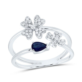 14K White Gold Diamond Blue Sapphire Gemstone Fashion Flower Ring 1/5 Cttw - Splendid Jewellery