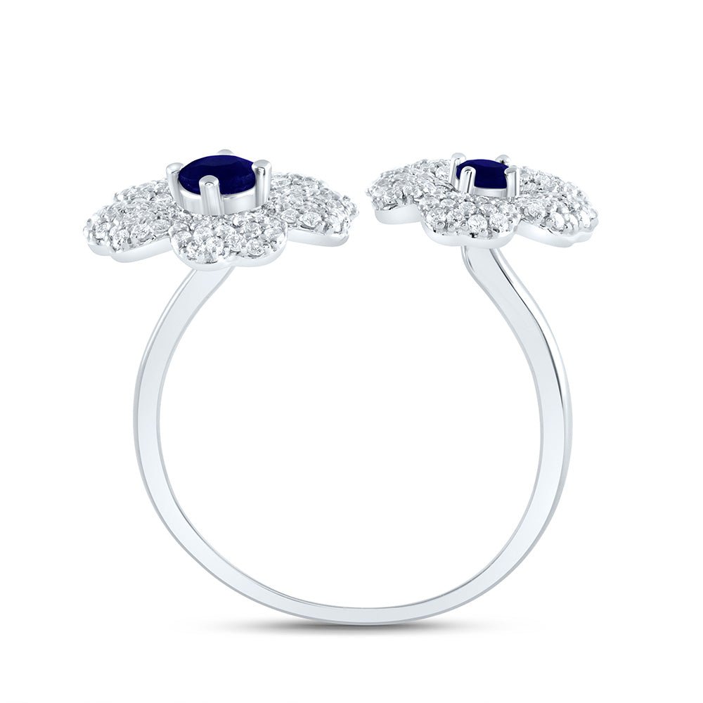 14K White Gold Diamond Blue Sapphire Gemstone Flower Ring 1/2 Cttw - Splendid Jewellery