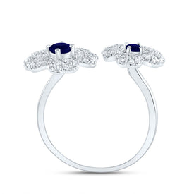 14K White Gold Diamond Blue Sapphire Gemstone Flower Ring 1/2 Cttw - Splendid Jewellery