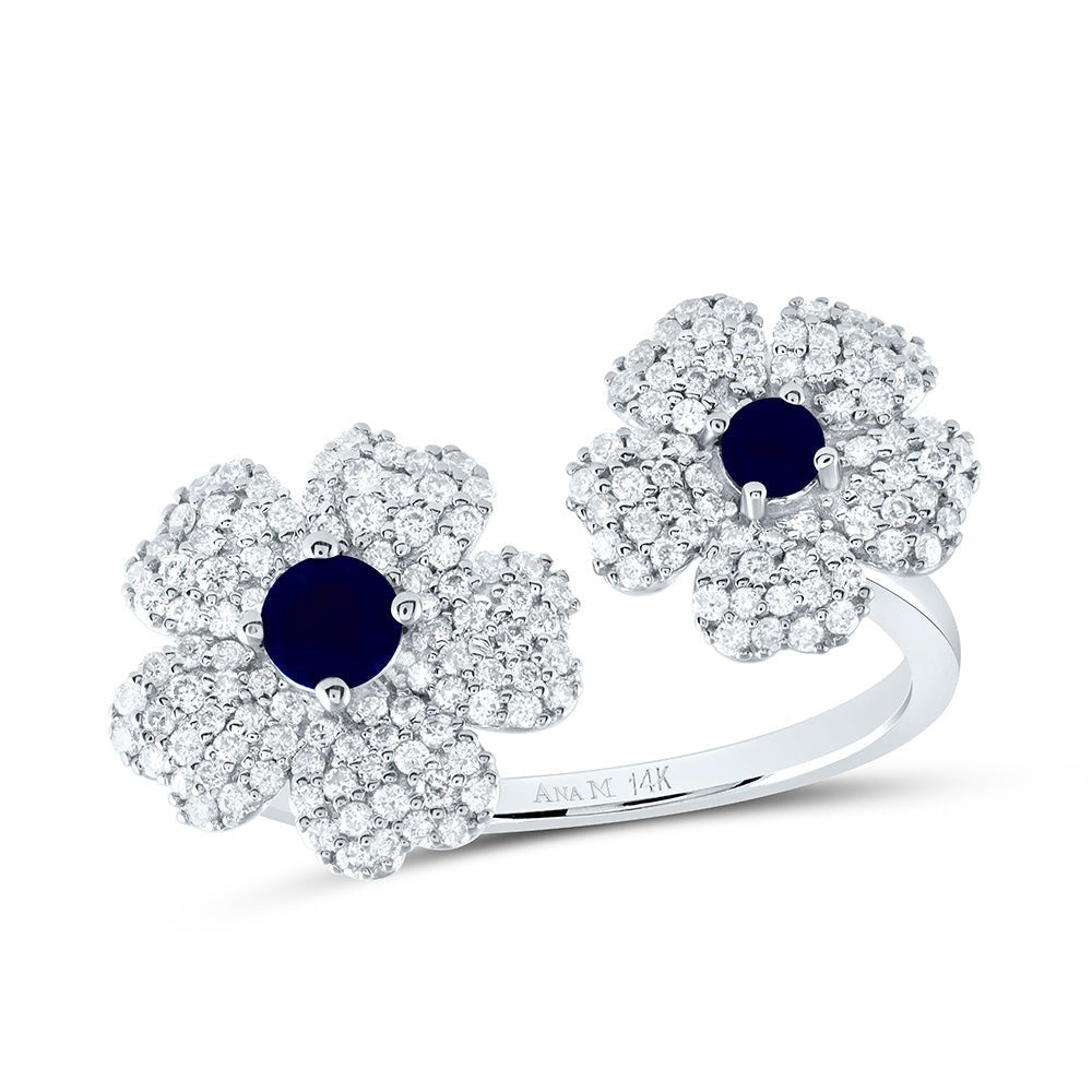 14K White Gold Diamond Blue Sapphire Gemstone Flower Ring 1/2 Cttw - Splendid Jewellery