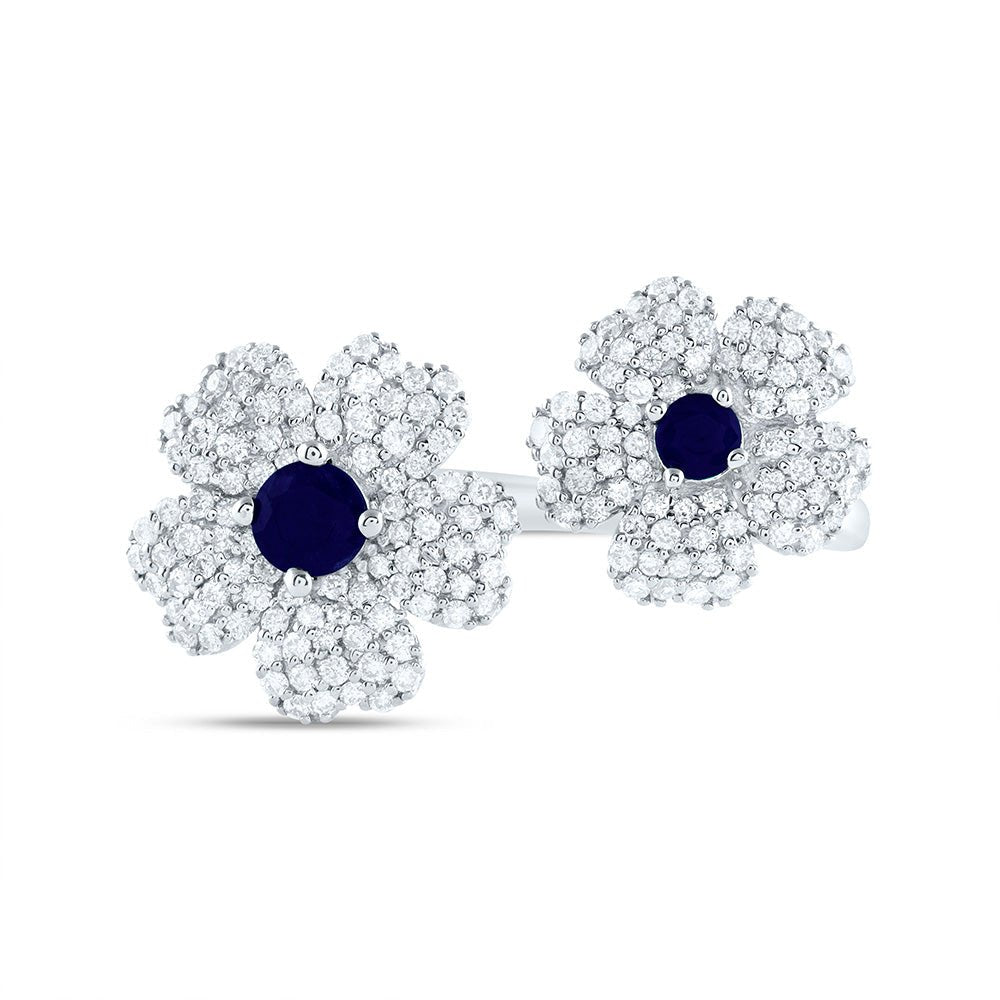 14K White Gold Diamond Blue Sapphire Gemstone Flower Ring 1/2 Cttw - Splendid Jewellery