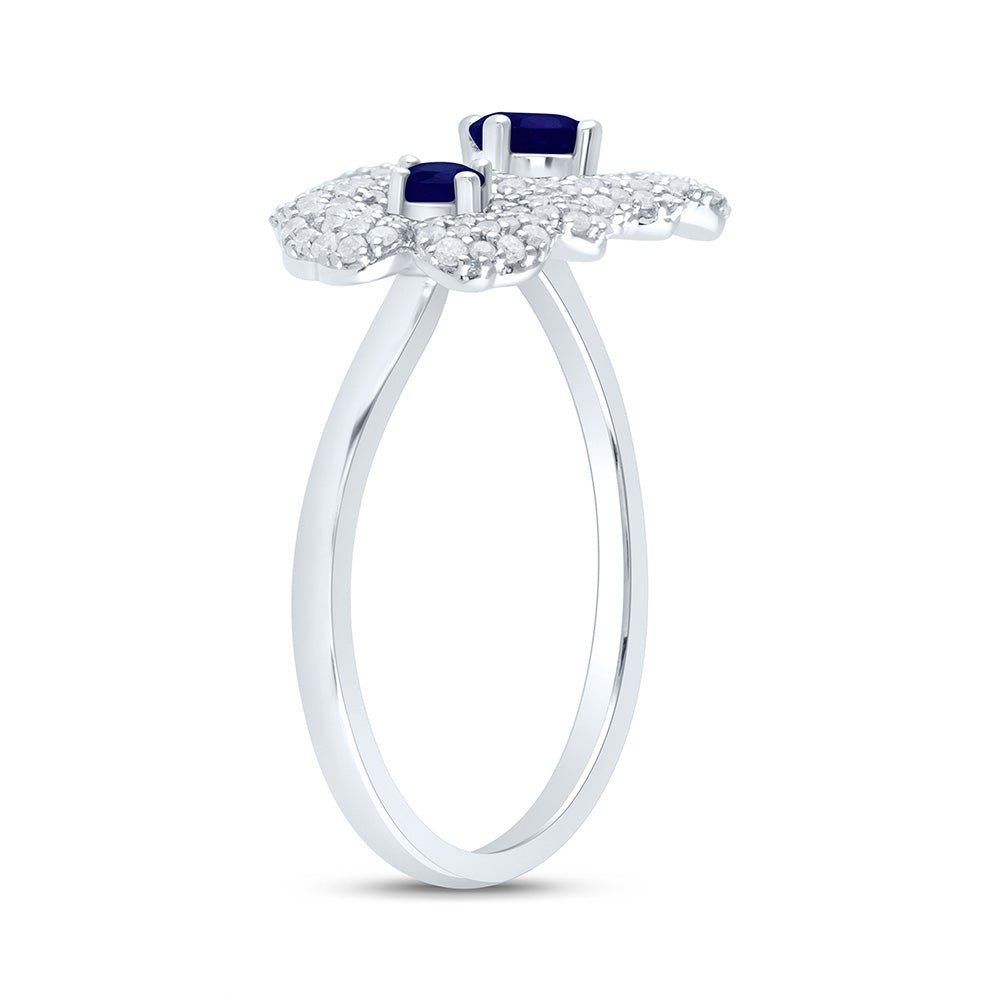 14K White Gold Diamond Blue Sapphire Gemstone Flower Ring 1/2 Cttw - Splendid Jewellery