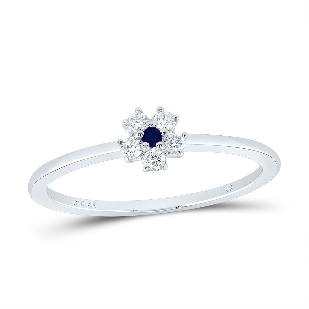 14K White Gold Diamond Blue Sapphire Gemstone Flower Women's Ring 1/10 Cttw - Splendid Jewellery