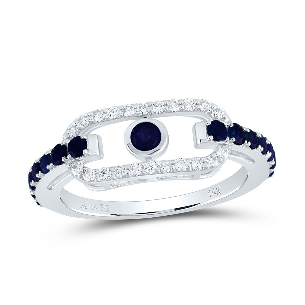 14K White Gold Diamond Blue Sapphire Gemstone Paper Clip Ring 1/5 Cttw - Splendid Jewellery