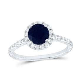 14K White Gold Diamond Blue Sapphire Gemstone Single Halo Engagement Ring 1/2 Cttw - Splendid Jewellery