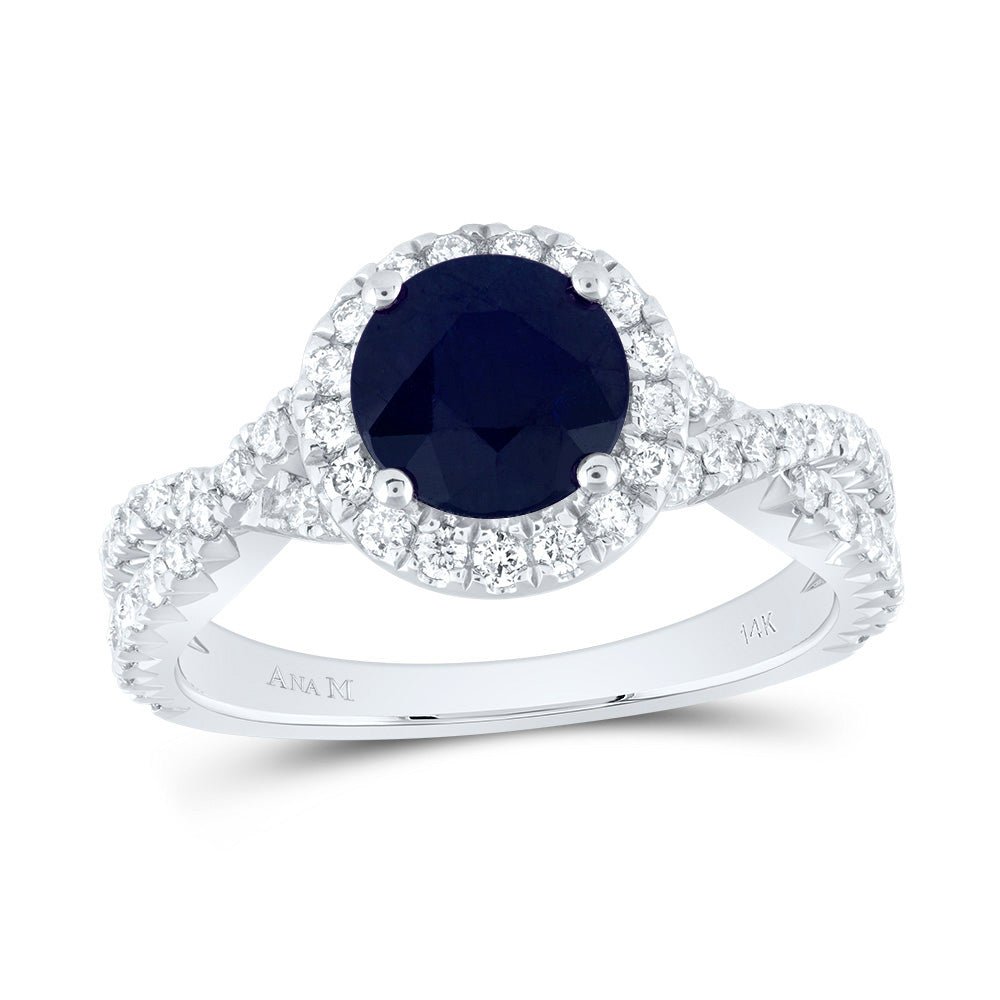 14K White Gold Diamond Blue Sapphire Gemstone Single Halo Engagement Ring 3/4 Cttw - Splendid Jewellery