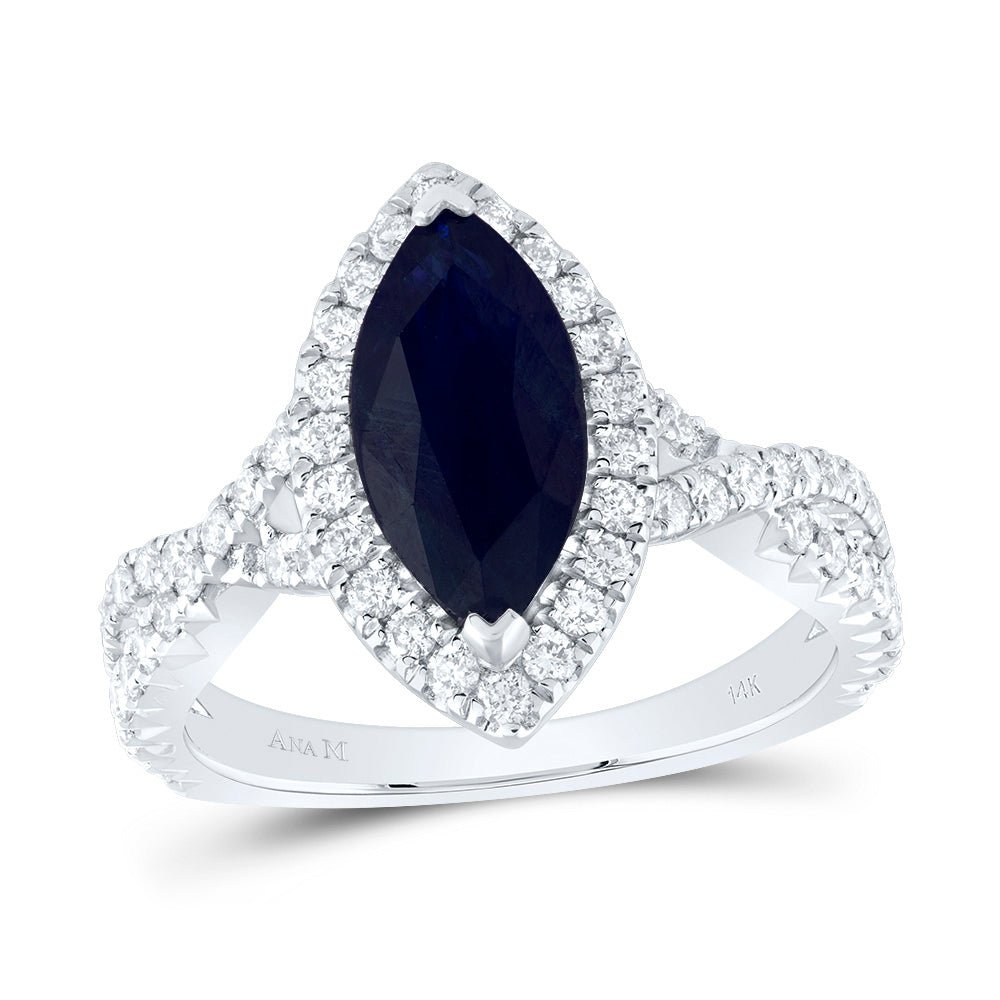 14K White Gold Diamond Blue Sapphire Gemstone Single Halo Engagement Ring 3/4 Cttw - Splendid Jewellery