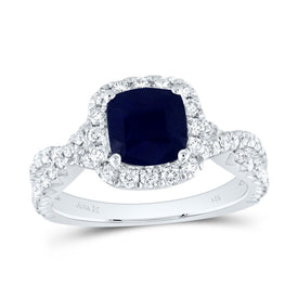 14K White Gold Diamond Blue Sapphire Gemstone Single Halo Engagement Ring 3/4 Cttw - Splendid Jewellery