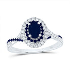 14K White Gold Diamond Blue Sapphire Oval Blue Sapphire Gemstone Double Halo Bridal Ring 1/5 Cttw - Splendid Jewellery