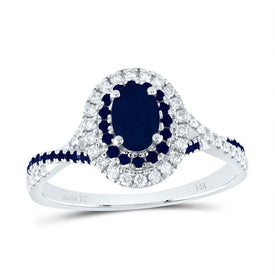 14K White Gold Diamond Blue Sapphire Oval Blue Sapphire Gemstone Double Halo Bridal Ring 1/5 Cttw - Splendid Jewellery