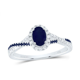 14K White Gold Diamond Blue Sapphire Oval Blue Sapphire Gemstone Single Halo Bridal Ring 1/8 Cttw - Splendid Jewellery