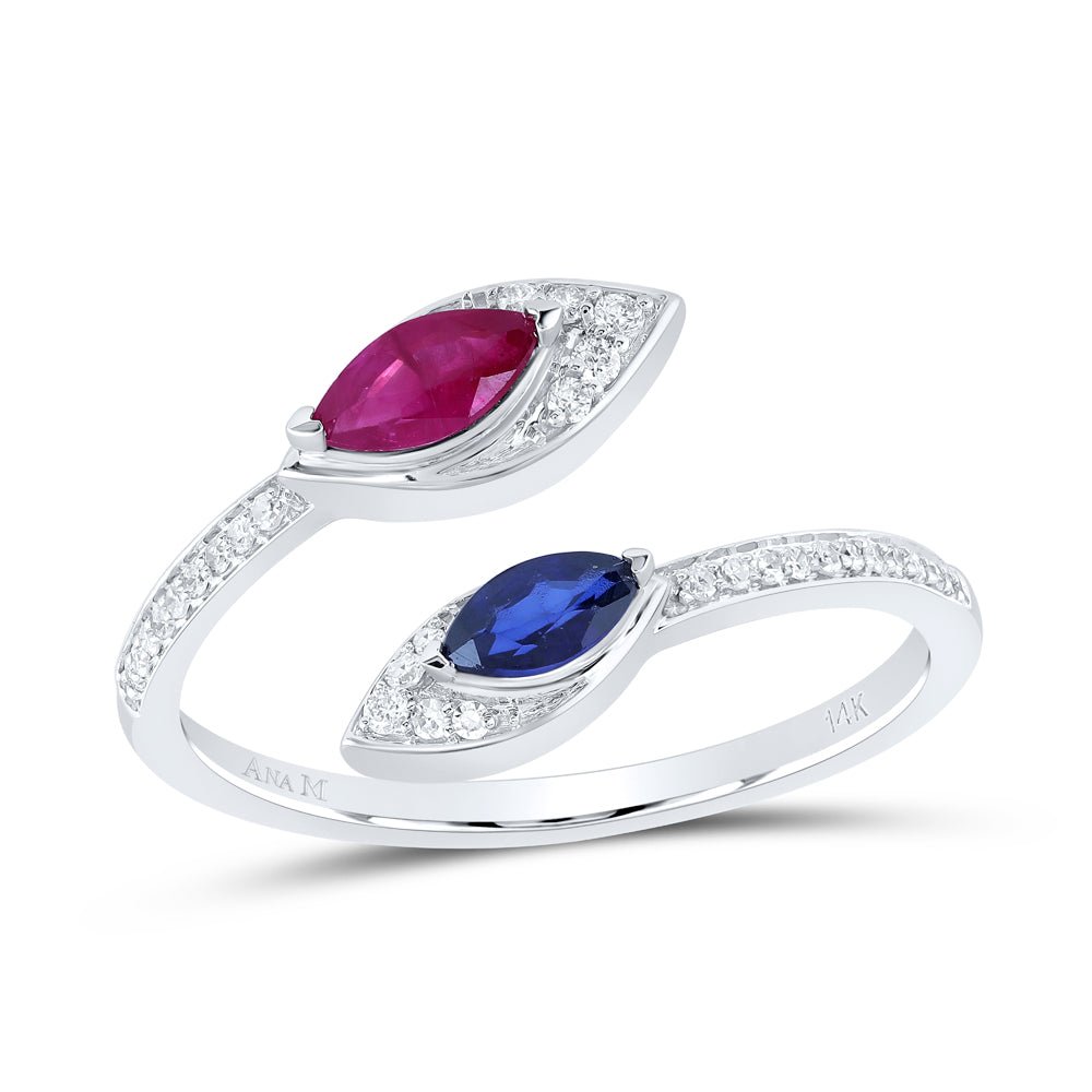 14K White Gold Diamond Blue Sapphire & Ruby Gemstone Ring 1/10 Cttw - Splendid Jewellery