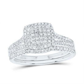 14K White Gold Diamond Cushion Double Halo Bridal Set 1/2 Cttw - Splendid Jewellery