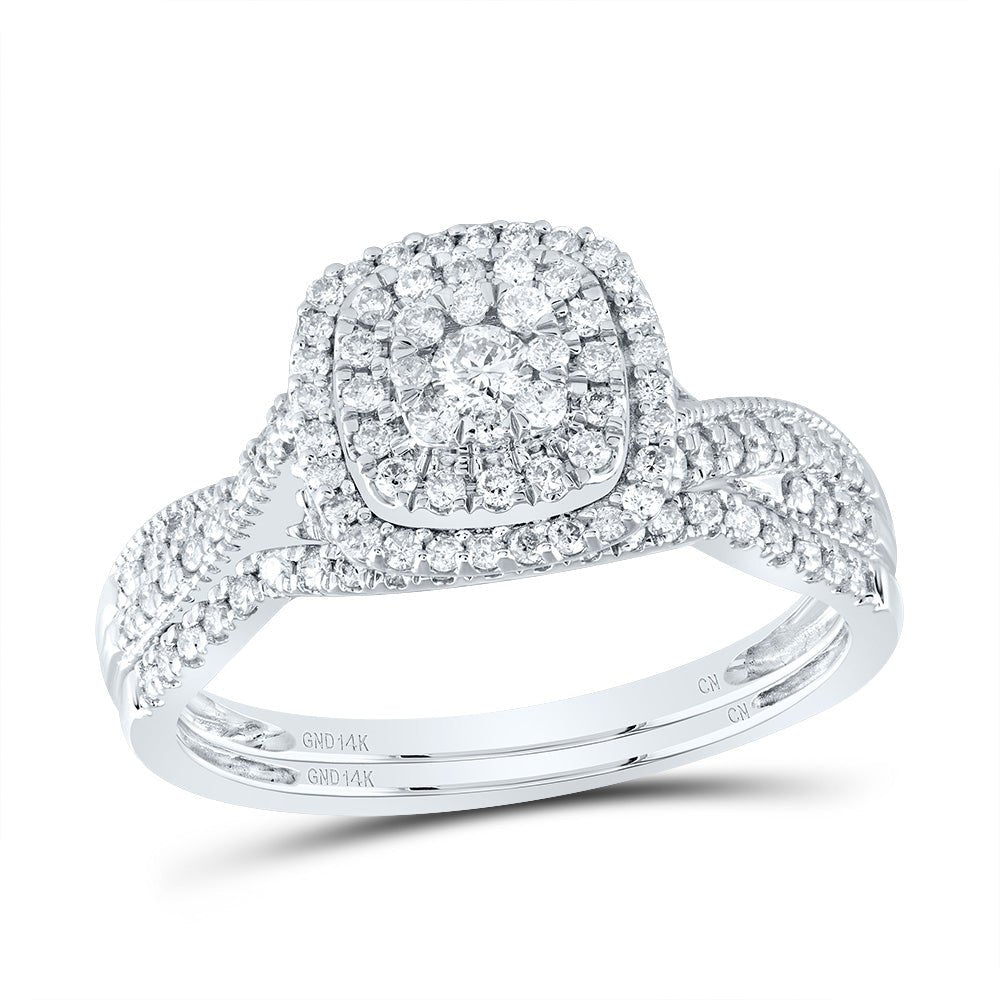 14K White Gold Diamond Cushion Double Halo Bridal Set 1/2 Cttw - Splendid Jewellery