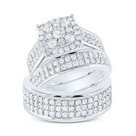 14K White Gold Diamond Cushion Trio Ring Set 2 3/8 Cttw - Splendid Jewellery