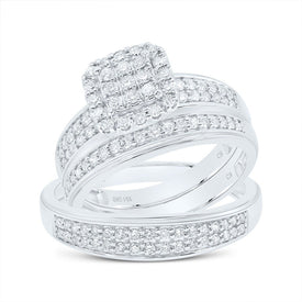 14K White Gold Diamond Cushion Trio Ring Set 3/4 Cttw - Splendid Jewellery
