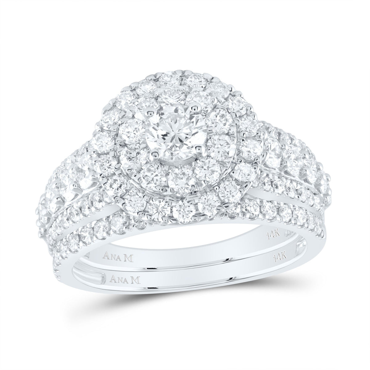 14K White Gold Diamond Double Halo Bridal Set 2 Cttw - Splendid Jewellery