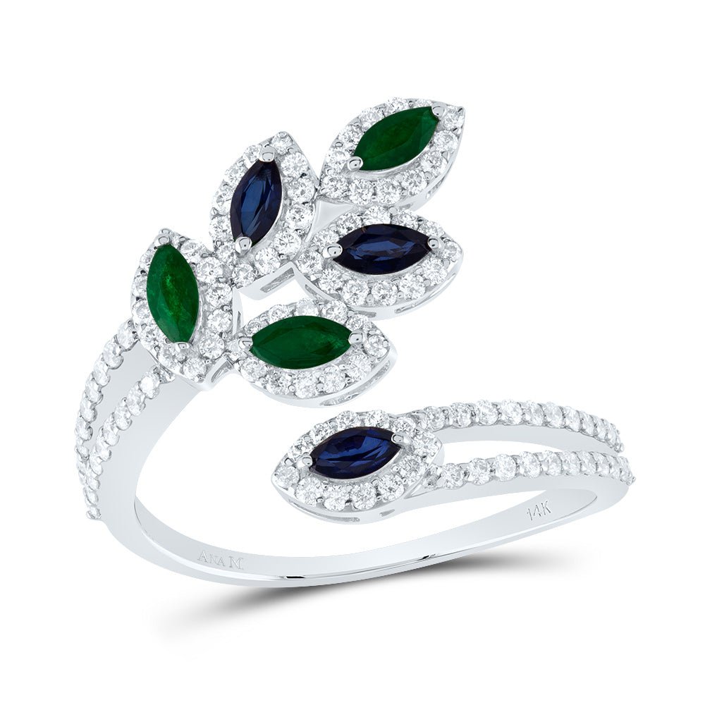 14K White Gold Diamond Emerald and Blue Sapphire Gemstone Ring 1/2 Cttw - Splendid Jewellery