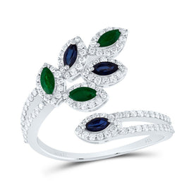 14K White Gold Diamond Emerald and Blue Sapphire Gemstone Ring 1/2 Cttw - Splendid Jewellery