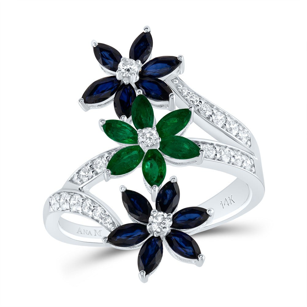 14K White Gold Diamond Emerald and Blue Sapphire Gemstone Ring 1/3 Cttw - Splendid Jewellery
