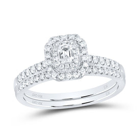 14K White Gold Diamond Emerald Double Halo Bridal Set 1/2 Cttw - Splendid Jewellery