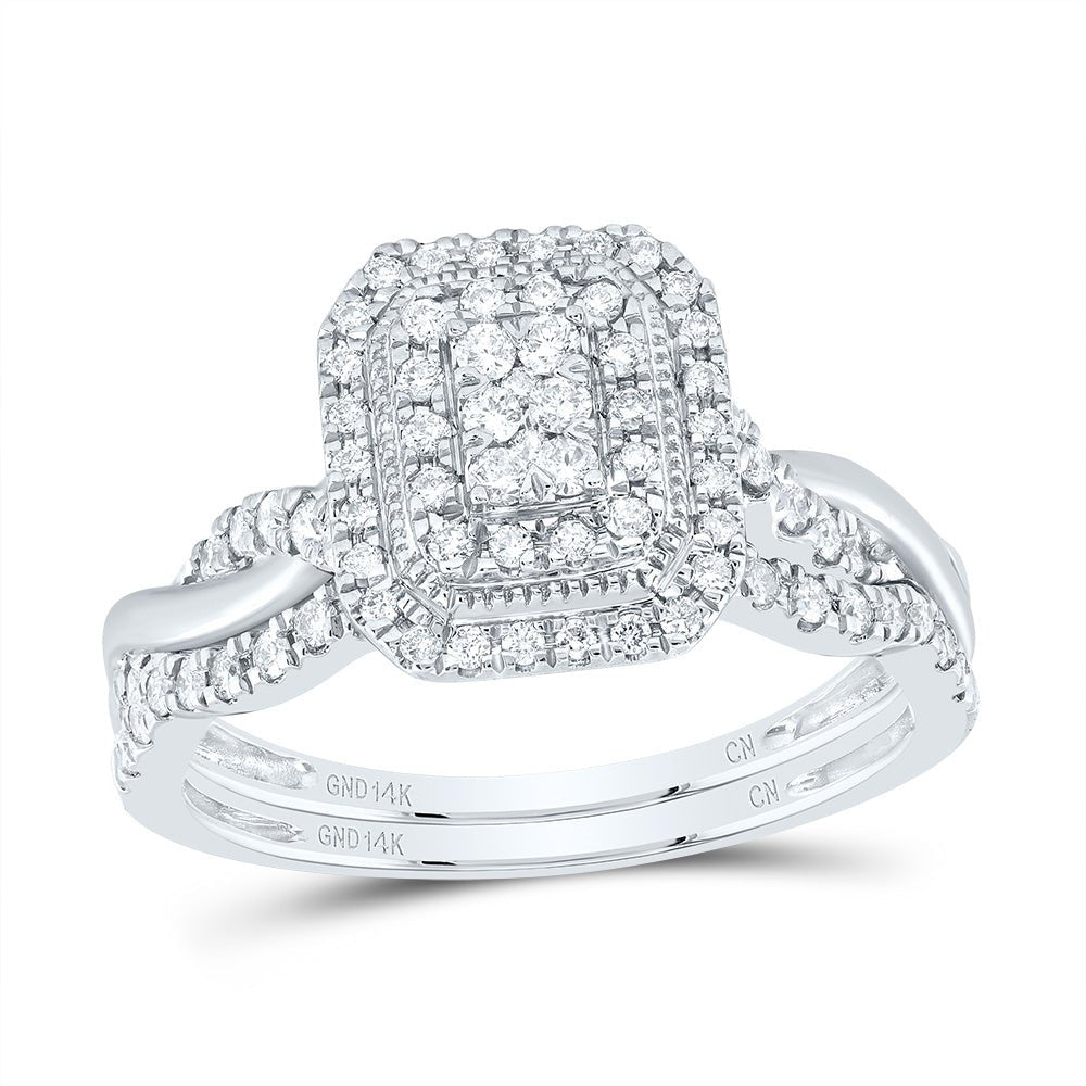 14K White Gold Diamond Emerald Double Halo Bridal Set 1/2 Cttw - Splendid Jewellery