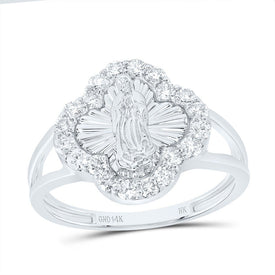 14K White Gold Diamond Fashion Virgin Mother Mary Clover Women's Ring 1/2 Cttw - Splendid Jewellery