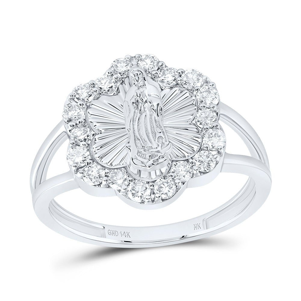 14K White Gold Diamond Fashion Virgin Mother Mary Flower Women's Ring 1/2 Cttw - Splendid Jewellery