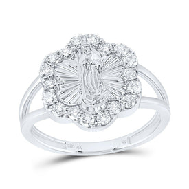 14K White Gold Diamond Fashion Virgin Mother Mary Flower Women's Ring 1/2 Cttw - Splendid Jewellery