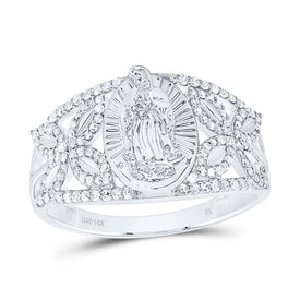 14K White Gold Diamond Fashion Virgin Mother Mary Oval Women's Ring 1/3 Cttw - Splendid Jewellery