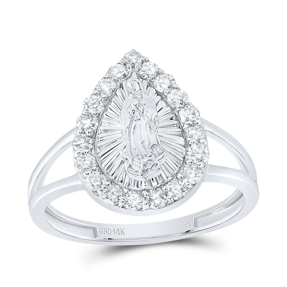 14K White Gold Diamond Fashion Virgin Mother Mary Pear Women's Ring 1/2 Cttw - Splendid Jewellery