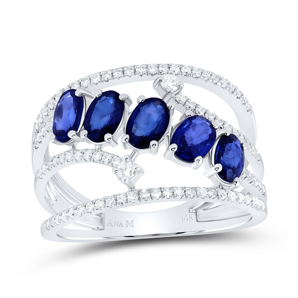 14K White Gold Diamond Oval Blue Sapphire Gemstone Designer Ring 1/3 Cttw - Splendid Jewellery