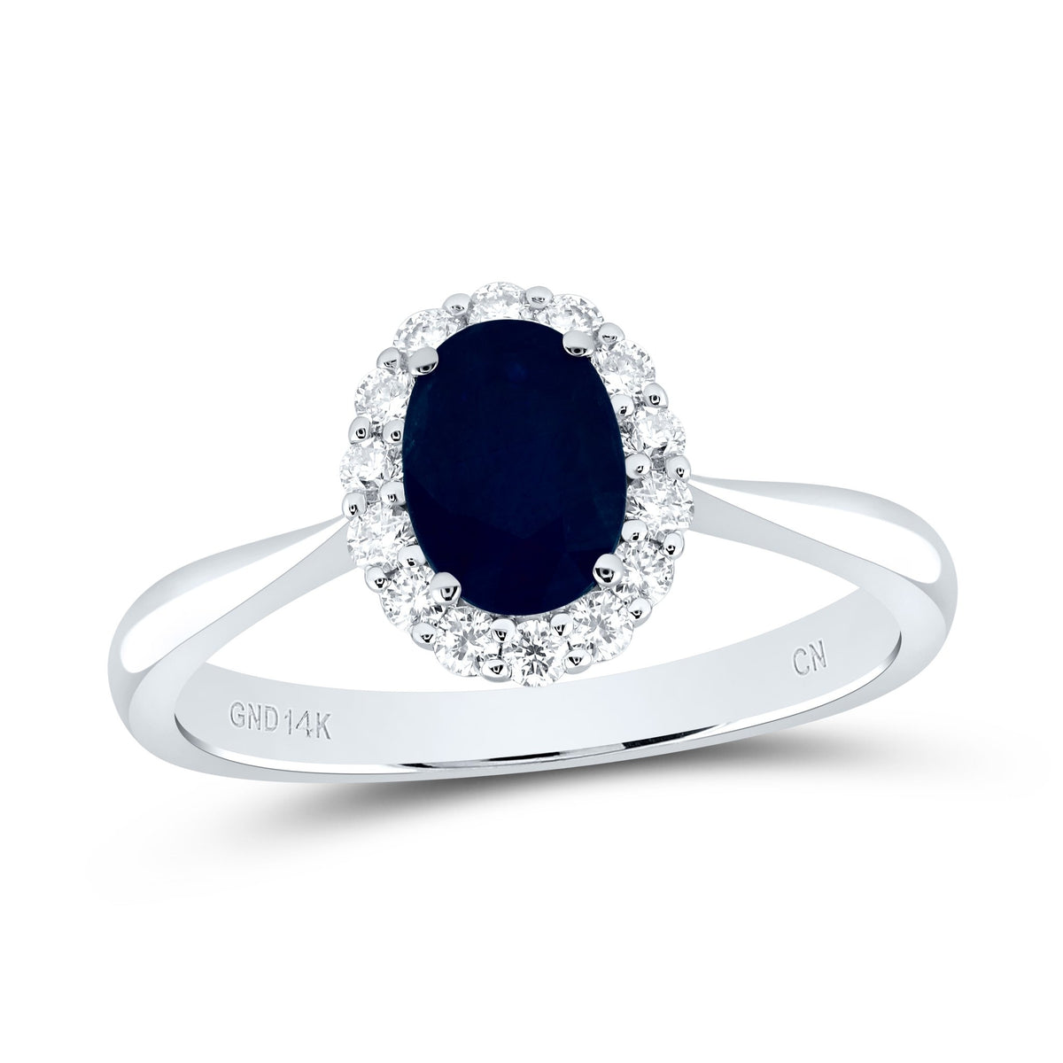 14K White Gold Diamond Oval Blue Sapphire Gemstone Ring 1/4 Cttw - Splendid Jewellery