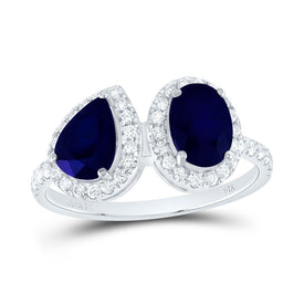 14K White Gold Diamond Oval Blue Sapphire Gemstone Ring 3/8 Cttw - Splendid Jewellery