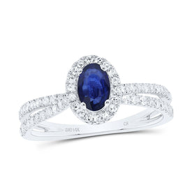 14K White Gold Diamond Oval Blue Sapphire Gemstone Ring 3/8 Cttw - Splendid Jewellery