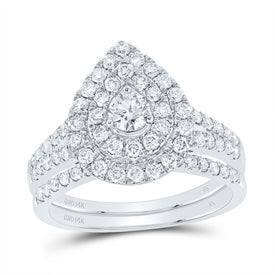 14K White Gold Diamond Pear Double Halo Bridal Set 1 Cttw - Splendid Jewellery