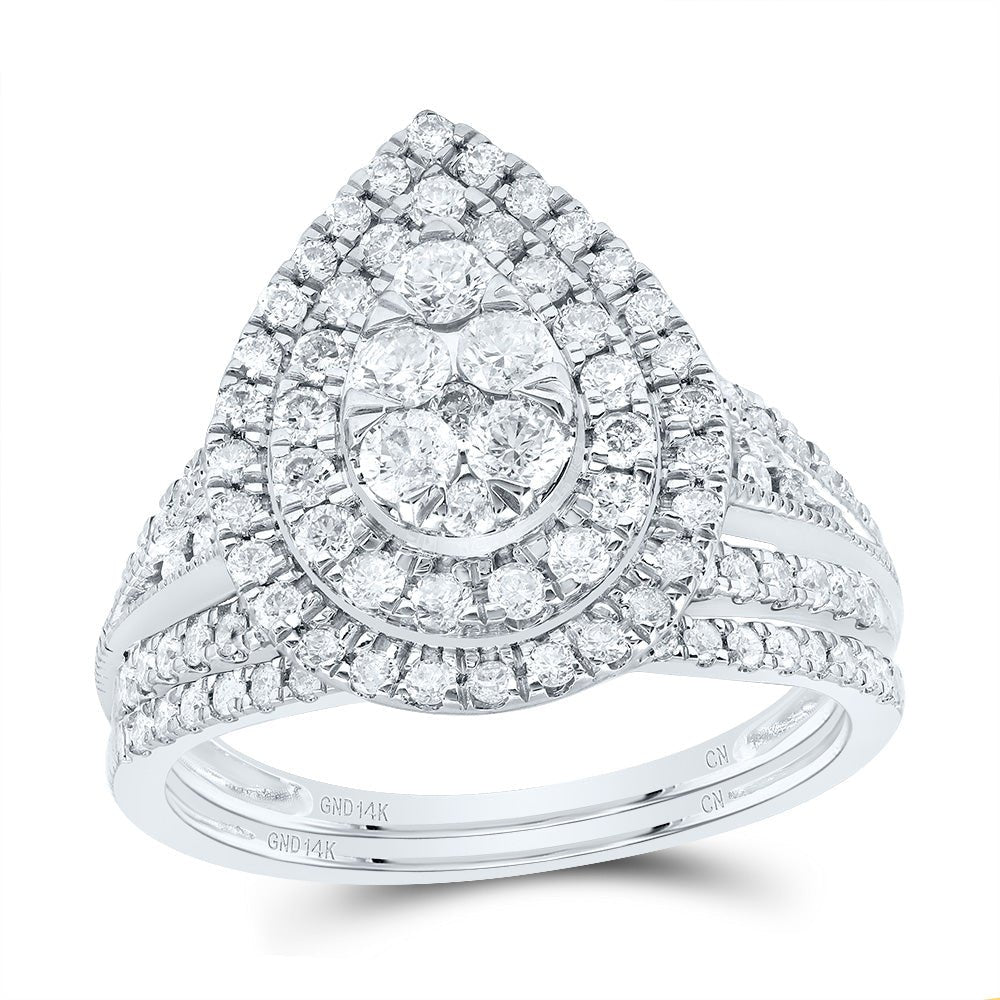 14K White Gold Diamond Pear Double Halo Bridal Set 1 Cttw - Splendid Jewellery