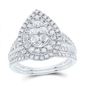 14K White Gold Diamond Pear Double Halo Bridal Set 1 Cttw - Splendid Jewellery