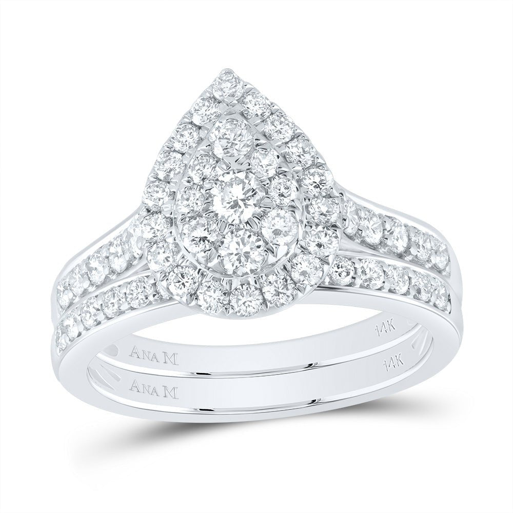 14K White Gold Diamond Pear Double Halo Fashion Bridal Set 1 Cttw - Splendid Jewellery