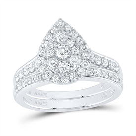 14K White Gold Diamond Pear Double Halo Fashion Bridal Set 1 Cttw - Splendid Jewellery